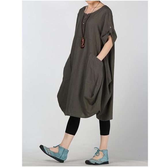 Minibee Women’s Linen Tunic Dress - Army Green - Picture 3 of 5